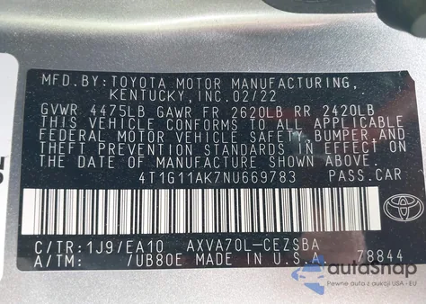 2022 Toyota Camry Se from USA, damaged, VIN 4T1G11AK7NU669783